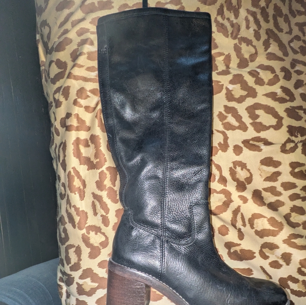 Franco Sarto Black Leather Mid-Calf Block Heel Boots